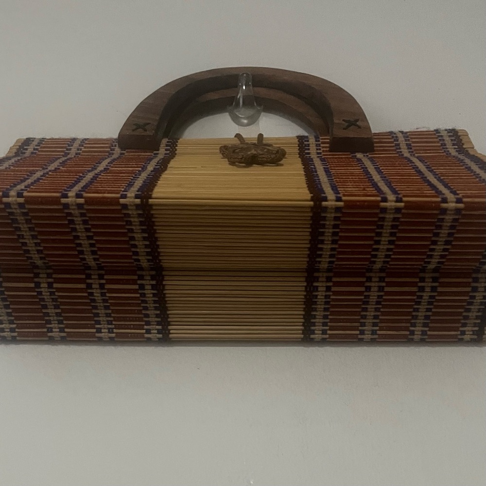 Vintage Collapsible Bamboo Handbag Slatted Double Wooden Handle Rectangle Purse - Picture 4 of 16